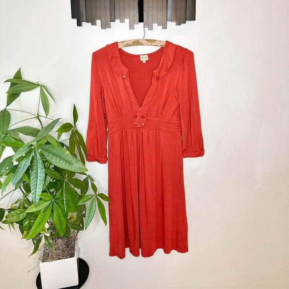 Ella moss Babydoll knee length dress fit flare 3/4 sleeve collared v-neck red or - Picture 2 of 7